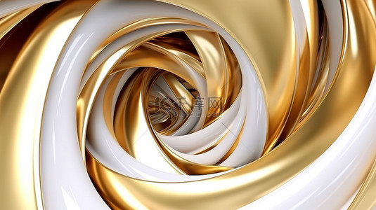 3D 渲染现代背景，具有白色和金色抽象扭曲的几何形状线