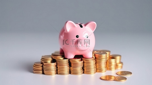 掉落的金币背景图片_白色背景上堆积的金币和粉色存钱罐的 3D 渲染，描绘了财务储蓄和增长概念