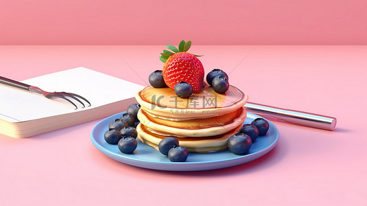 可口草莓背景图片_粉红色柔和的 3D 渲染一盘煎饼，上面放着蓝莓和草莓，并附有剪贴板