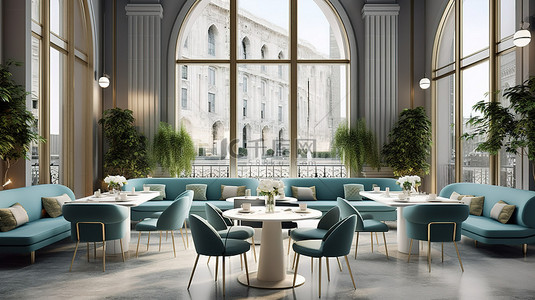 复古式家具背景图片_3D 渲染的市中心咖啡馆拥有豪华的现代欧洲设计和充满活力的彩色家具