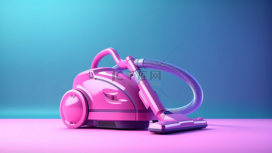 3D 渲染的蓝色背景上的双色调粉色吸尘器