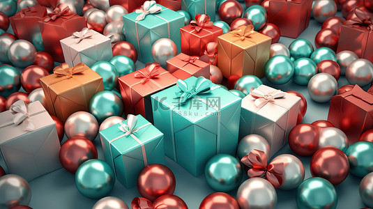 3D 渲染礼品盒和节日球横幅插图用于促销