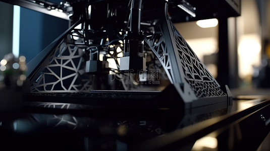 打印黑色三维形状的自动 3D 打印机的特写