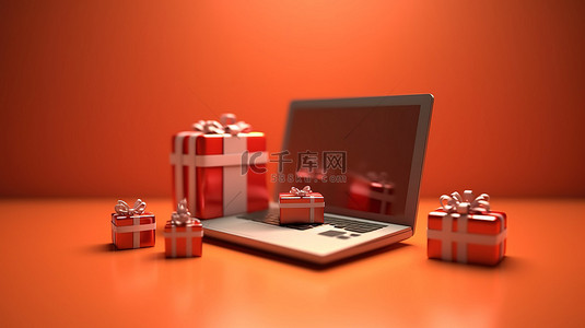 电子商务支付 3D 渲染，包括笔记本电脑购物车和讲台上的礼品盒