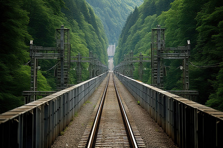 很高的背景图片_电动火车沿着一条很长的铁轨行驶