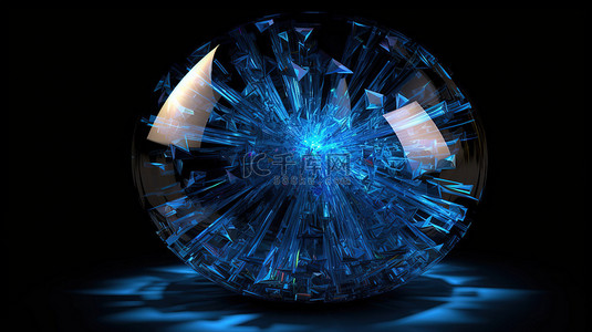 背景蓝色水晶背景图片_黑色背景下抽象 3D 插图中带有发光线点缀的辐射蓝色水晶球体