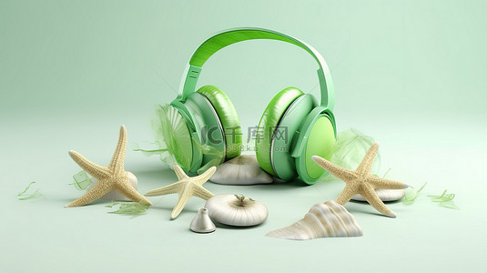 夏季海滩游泳背景图片_热闹的夏季海滩氛围耳机太阳镜海星贝壳充气球和绿色概念 3D 渲染中的人字拖