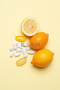 前面背景图片_维生素C药片前面放一个柠檬和橙子