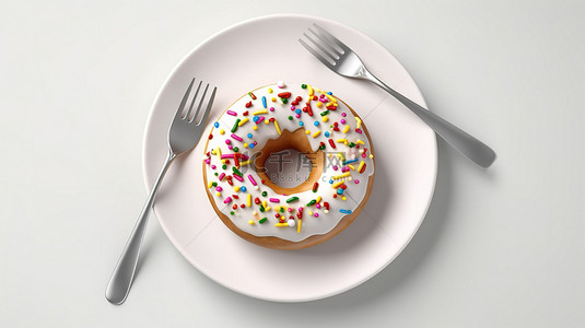 白色巧克力蛋糕背景图片_美味的白巧克力釉面甜甜圈，配有彩色洒水，配有叉子和刀子，在白色背景顶视图 3D 渲染上