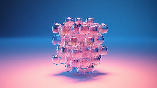 可视化数字数据粉红色背景与抽象蓝色网格立方体相辅相成，具有双色调风格的线框原子，以 3D 渲染