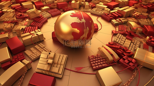 金色和红色色调的电脑鼠标连接到 3D 渲染中的礼物世界