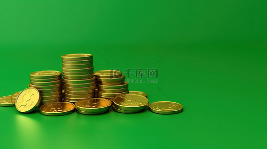 绿色背景上硬币的 3D 渲染插图，用于具有简约设计的基本银行服务