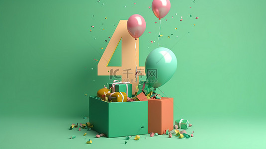 庆祝 3d 渲染爆炸礼品盒发布 4 岁生日数字，周围环绕着气球和五彩纸屑，采用最小的绿色设计