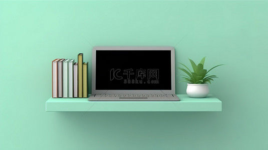 场景办公背景图片_垂直背景的 3D 插图，带有装有笔记本电脑的绿色架子