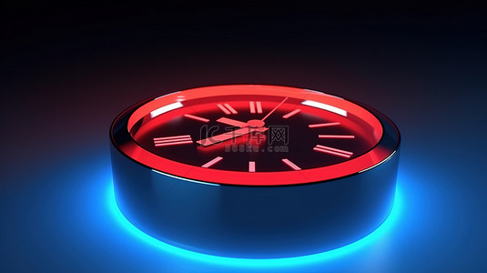 时间符号背景图片_3D 渲染中圆形蓝色时钟符号的红色背景透视图