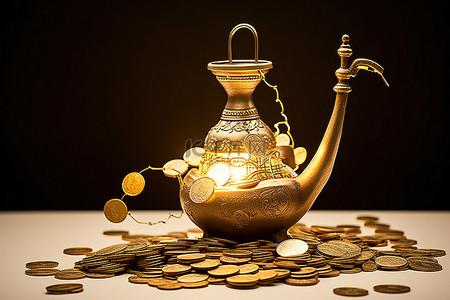 灯金色背景图片_一盏被硬币包围的金色天使硬币灯