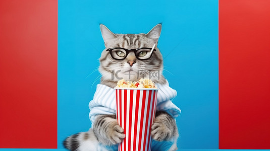 有趣的猫科嬉皮士在蓝色背景下戴着 3D 眼镜看电影享用爆米花和可乐