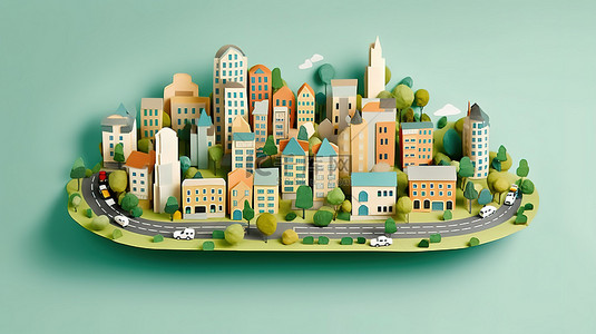 绿色风景背景背景图片_用纸制作的可持续城市景观 3D 平面风格插图
