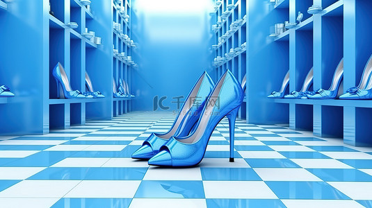 亮皮高跟鞋背景图片_精品店蓝色和白色高跟鞋的高品质 3D 插图