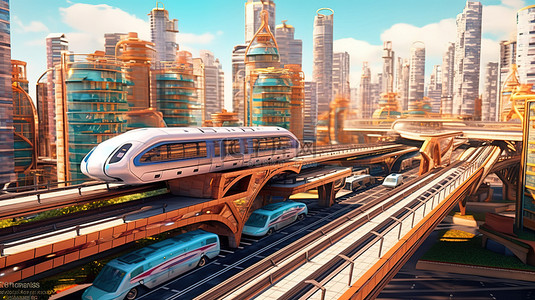 以 3D 渲染运输车辆为特色的未来大都市
