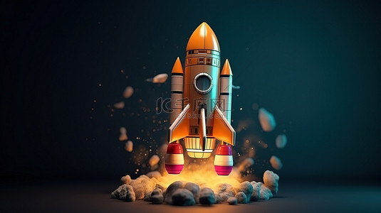 3D 渲染的插图描绘了用火箭符号启动企业的概念