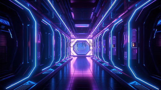 具有蓝色和紫色霓虹灯发光背景的太空飞船走廊的科幻插图 3d 渲染