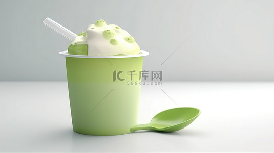 醪糟冰淇淋杯背景图片_卡通风格 3d 渲染的牛奶杯与绿茶浇头和软冰淇淋隔离在白色背景