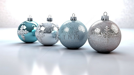 圣诞球装饰背景图片_节日白色圣诞球装饰着 3d 创建的雪花