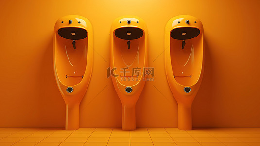 橙色背景单色小便池男士公共厕所的 3d 渲染