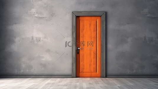 黑卧室背景图片_带有橙色木门和混凝土墙的木质镶木地板的 3D 渲染