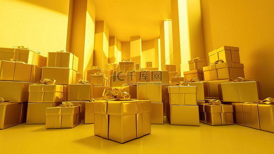 黄色房间里的金色礼盒令人惊叹的 3D 渲染