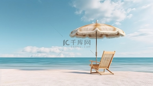 沉浸场景背景图片_木制底座上的宁静场景，沙滩椅和雨伞沉浸在海洋的幸福之中