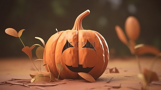 秋季主题卡通南瓜 3d 渲染图，棕色和自然灵感设计