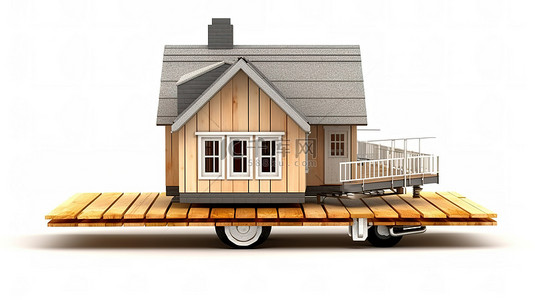 手动背景图片_用手动托盘车将小屋建筑放置在白色背景上的 3D 渲染