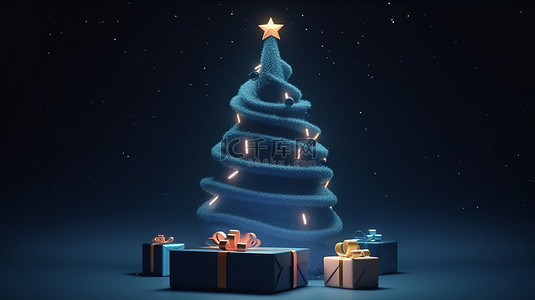 礼品盒和圣诞树在深色背景下的卡通风格 3D 渲染