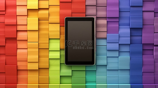 彩虹墙架的 3D 插图，垂直背景展示数字平板电脑