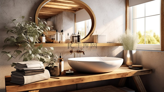 别致的浴室装饰，带有乡村风格的木托盘书和玻璃展示天花板，装饰有木梁 3D 渲染