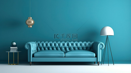 带灰色沙发的蓝色客厅的 3D 渲染