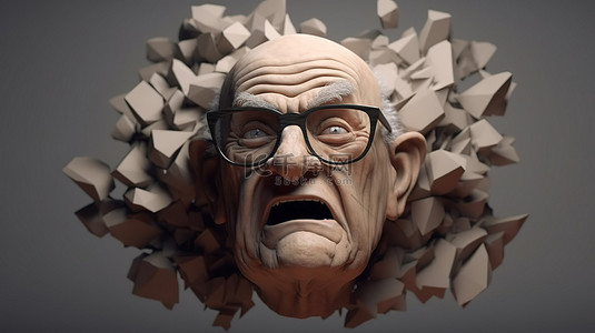 戴眼镜的老人对引人注目的 3D 雕塑感到惊讶