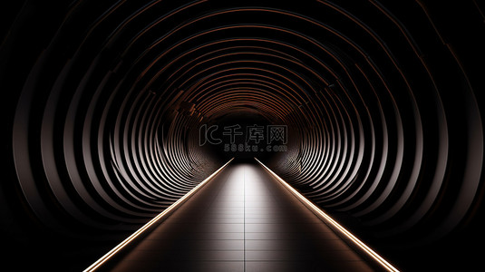 在深色 3D 渲染中具有简单优雅的宽屏路障的抽象隧道