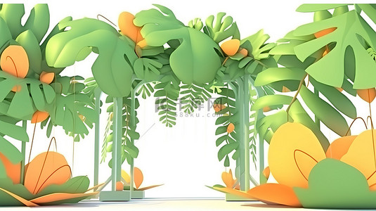 具有三个橙色拱门和绿色树叶装饰的抽象热带讲台 3d 渲染