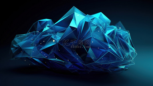 抽象渲染中与蓝色 3D 形状相交的未来低多边形线