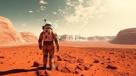 探险家在 3D 渲染中从红色星球表面回望地球