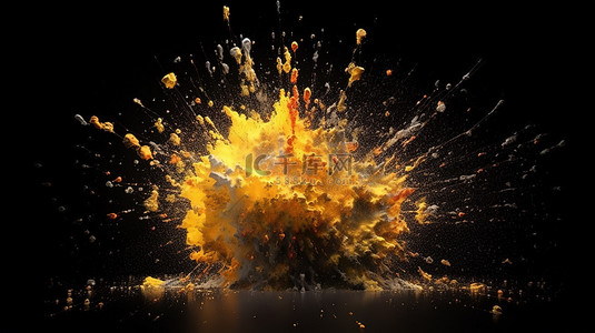 黑色背景上彩色 3D 渲染中爆炸的金黄色粒子