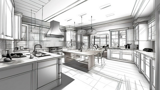 抽象厨房内部草图的 3d 渲染