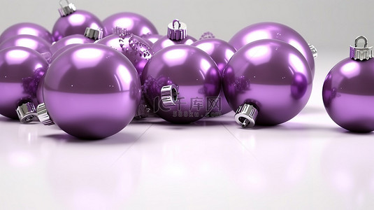 闪闪发光的紫色圣诞装饰品 3d 渲染概念，为快乐的新年和假期