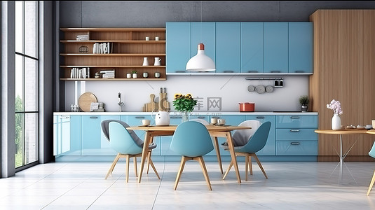 躲在椅子下的人背景图片_现代厨房内部模型与蓝色椅子一个舒适和现代的家居环境