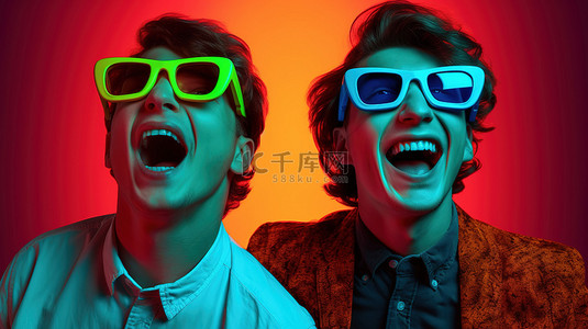 两个戴着 3D 眼镜的年轻人在肖像中快乐地摆姿势