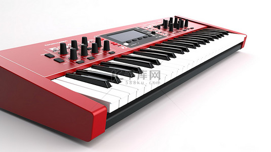白色背景上带有合成键的红色 midi 键盘的特写 3D 渲染