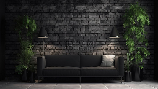 光滑的沙发和茂密的植物在 3D 渲染中突出了黑砖墙和混凝土地板